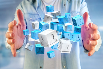 3d rendering blue and white cube on a futuristic interface