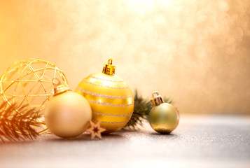 Christmas background with christmas balls, gifts and decoration
