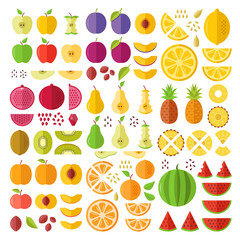 Fruits. Flat icons set. Whole fruits, slices, cuts, wedges, halves, seeds, pits, etc. Flat design graphic elements. Vector icons