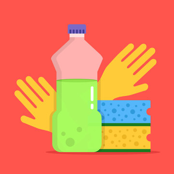 Dishwashing. Plastic Bottle With Dishwashing Detergent, Kitchen Sponges And Cleaning Gloves. Flat Design. Vector Illustration