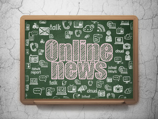 News concept: Chalk Pink text Online News on School board background with  Hand Drawn News Icons, 3D Rendering
