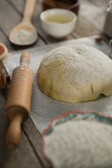 Close up of dough by ingredients