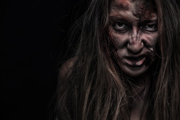 Zombie woman, Horror background for halloween concept and book cover. Copy space.