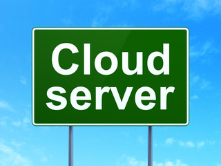 Cloud computing concept: Cloud Server on green road highway sign, clear blue sky background, 3D rendering