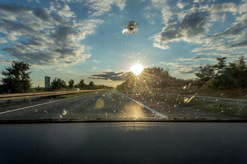 Dirt on the windshield of a vehicle, a stone chase and backlight lead to poor visibility and...