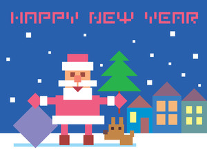 Christmas card with cute funny Santa Claus and dog. Happy New Year.