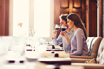 Romantic couple dating in restaurant