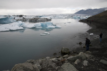 Panoramic Jokulsarlon, Typical Icelandic landscape, a wild nature of seals and icebergs, rocks and water.