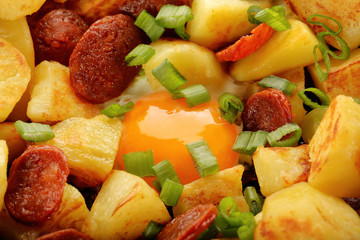 Cooked egg and sausages on frying pan