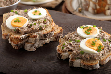 Tuna paste with egg on healthy wholegrain bread sandwich
