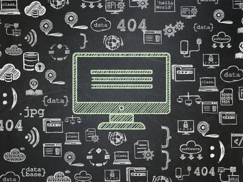 Database concept: Chalk Green Monitor icon on School board background with  Hand Drawn Programming Icons, School Board