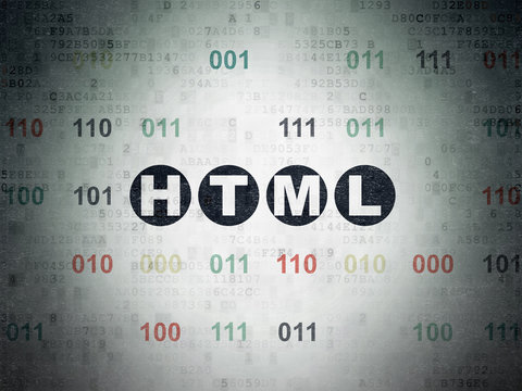 Programming concept: Painted black text Html on Digital Data Paper background with Binary Code