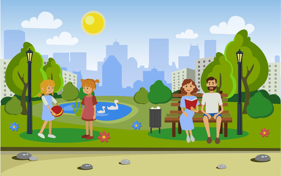 City park with people. Vector illustration.