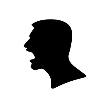 Black Silhouette of a Screaming Man, head close-up in profile. Evil emotional facial expressions of conflict or protest, flat portrait, avatar, icon, symbol. Human with an open mouth. Isolated Vector