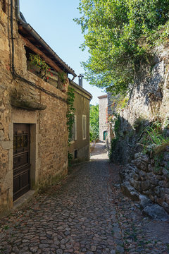 The narrow street in the picturesque village of Labeaume in the Ardeche region of France