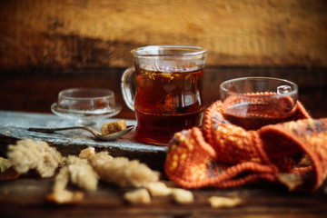 Vintage still life details, cup of coffee,paper note and pencil