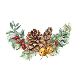 Watercolor winter floral composition. Hand painted snowberry and fir branches, red berries with leaves, pine cone, bells isolated on white background. Christmas illustration for design, print.