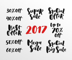 Lettering vector set about sale and discounts. Hand drawn labels on isolated background. Best offer, Special big sale 2017.