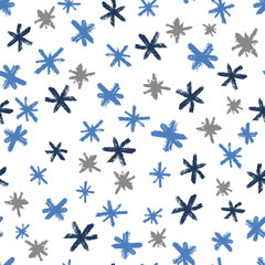 Seamless pattern with hand drawn snowflakes. Abstract brush strokes. Ink illustration. Winter pattern for wrapping paper. New year and Christmas fabric design. Holiday print