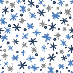 Seamless pattern with hand drawn snowflakes. Abstract blue brush strokes and blots. Ink illustration. Winter pattern for wrapping paper. New year and Christmas fabric design. Holiday print