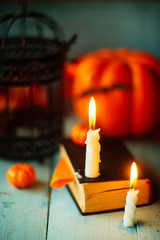 Scary halloween pumpkin with bats on white background. Halloween scene.