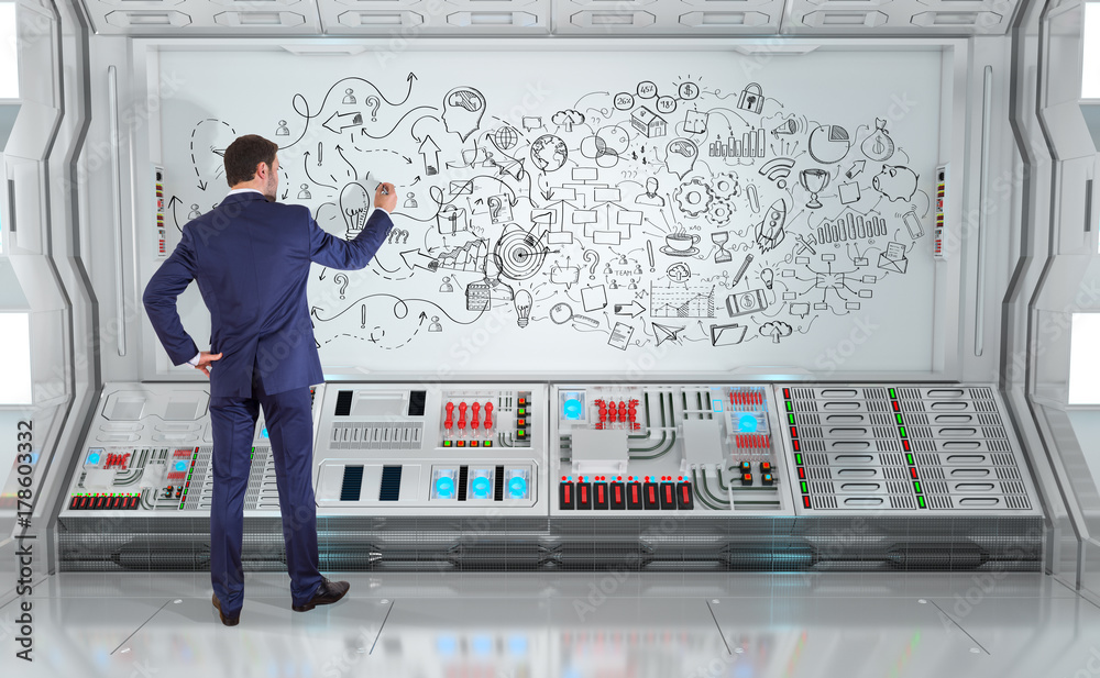 Poster Businessman drawing a project sketch on a board 3D rendering