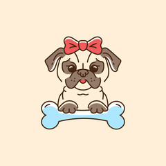 Pug icon Cartoon face dog with a bow and bone. Vector colorful dog line thin icon