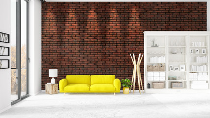 Scene with brand new interior in vogue with white rack and yellow couch. 3D rendering. Horizontal arrangement.