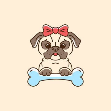 Pug icon Cartoon face dog with a bow and bone. Vector colorful dog line thin icon