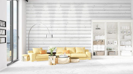 Scene with brand new interior in vogue with white rack and yellow couch. 3D rendering. Horizontal arrangement.