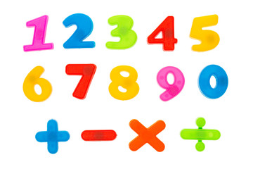 Mathematics and education school concept. Colored numbers figures from 1 to 9 with signs isolated on white.