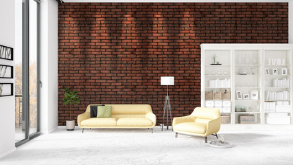 Obraz na płótnie Canvas Scene with brand new interior in vogue with white rack and yellow couch. 3D rendering. Horizontal arrangement.