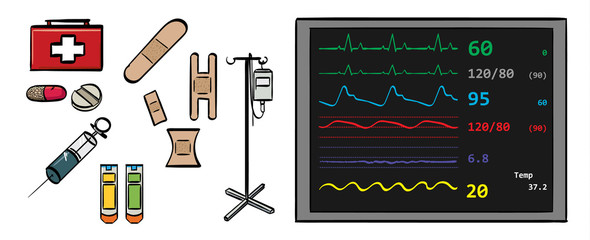 Various Medical and First Aid Items and a large Heart Monitor