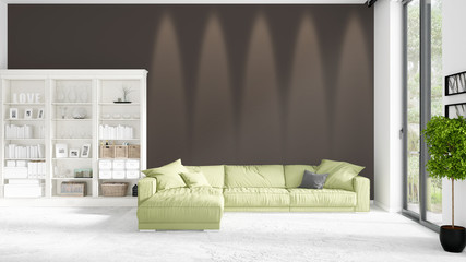 Scene with brand new interior in vogue with white rack and modern green divan. 3D rendering. Horizontal arrangement.