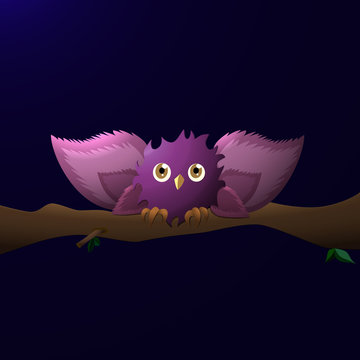 cartoon owl with wide wings, sits on a branch at night