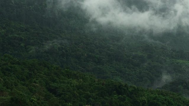 Misty valley and layers of tropical mountain With Wind turbine on top at Phu Hin Rong Kla National Park , Thailand.
