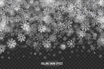 Vector Falling Snow Effect with Silver Realistic Snowflakes Overlay on Transparent Background. Christmas Party Celebration Design Element. Winter Is Coming Illustration