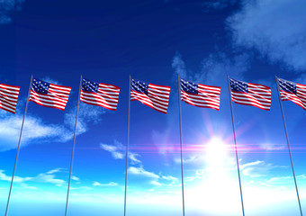 Flags of the United States of America under blue sky, 3D rendering