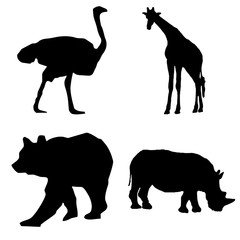 black silhouette wild animals vector set - ostrich, giraffe, bear, rhinoceros