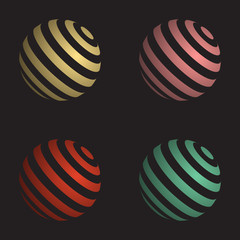 Retro colored striped globe circle logotype collection isolated on black. Set of 3d style round ball icons in vintage retro colors.