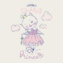 Cute cat princess with gold fish and slogan. Vector baby illustration for fashion apparels, t shirt and printed design.