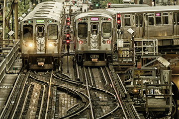 Train on elevated tracks within buildings at the Loop, Chicago City Center - Black Gold Artistic Effect - Chicago, Illinois, USA