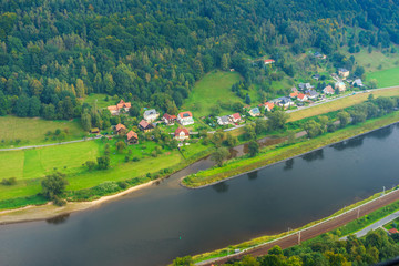 The German villages of Halbestadt. The Elbe River. Saxon Switzerland, Germany. View from the fortress of Koenigstein