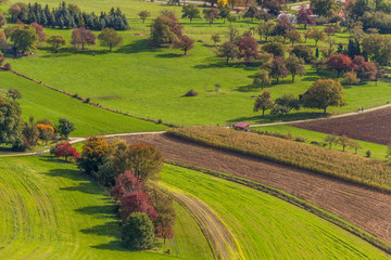 Fototapeta premium an aerial view of German green countryside with trees and fields