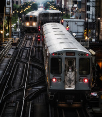 Train on elevated tracks within buildings at the Loop, Chicago City Center - Soft and Grainy Artistic Effect - Chicago, Illinois, USA