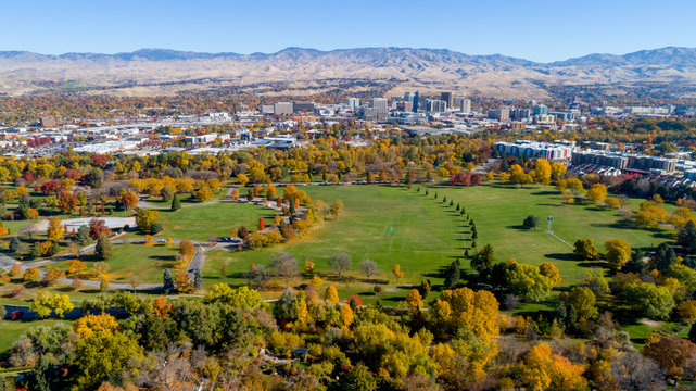 Unique view of Boise Idahi in Fall with city park