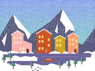 Fototapeta na wymiar Winter Urban Landscape with Buildings, Street and Cars with Presents. Flat Design Style. illusration