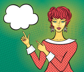 Pop art girl or young woman point on speech bubble or cloud in retro cartoon comics style on halftone green background for advertising different things