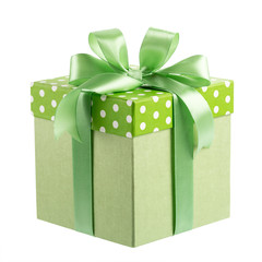 Green gift box with bow isolated on white