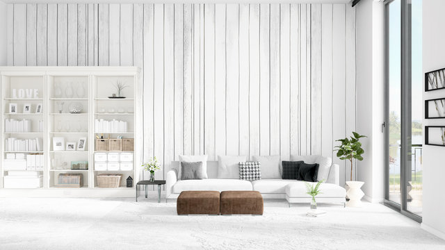 Modern loft interior in vogue with white couch and copyspace in horizontal arrangement. 3D rendering.